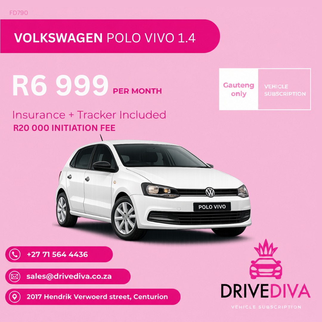Volkswagen Polo Vivo 1.4, R6,999 per month with insurance and tracker included, R20,000 initiation fee. 2 available, stock codes FD790, FD817. Gauteng only.