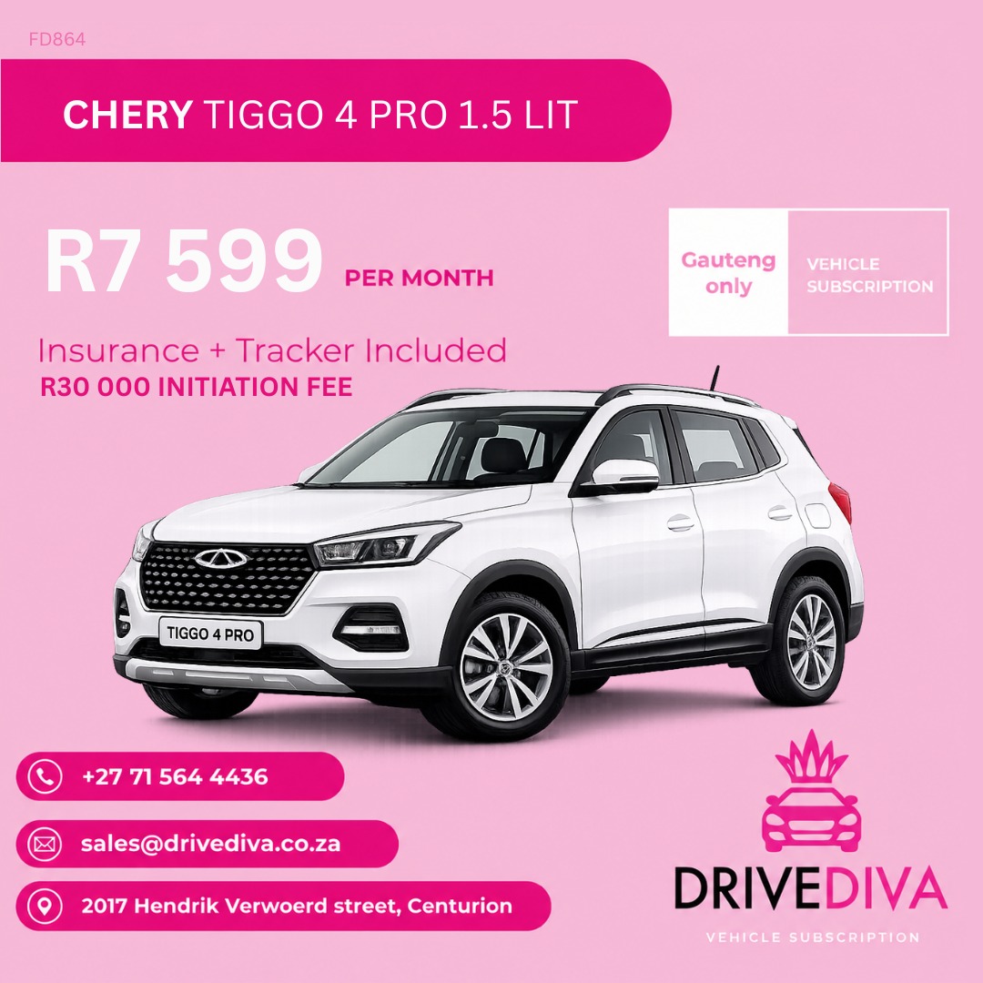 Chery Tiggo 4 Pro 1.5 LIT, R7,599 per month with insurance and tracker included, R30,000 initiation fee. Stock code FD864. Gauteng only.